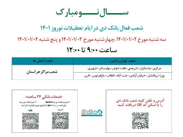 اعلام شعب کشیک بانک دی در روزهای ابتدایی نوروز 1401